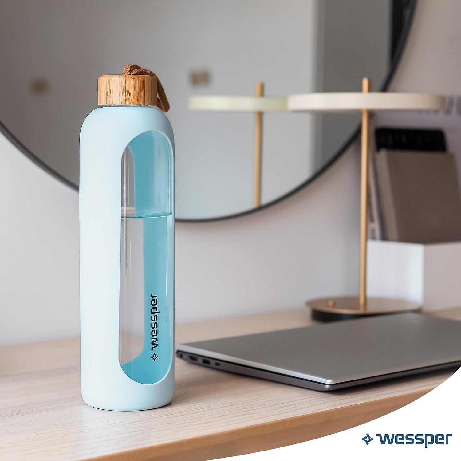 image:imageWessper Bouteille deau 1L de Motivation en verre avec temps horaire Sans BPA Gourde en verre hermtique 1000 ml avec couvercle en bambou rutilisable avec housse en silicone Bleu clair