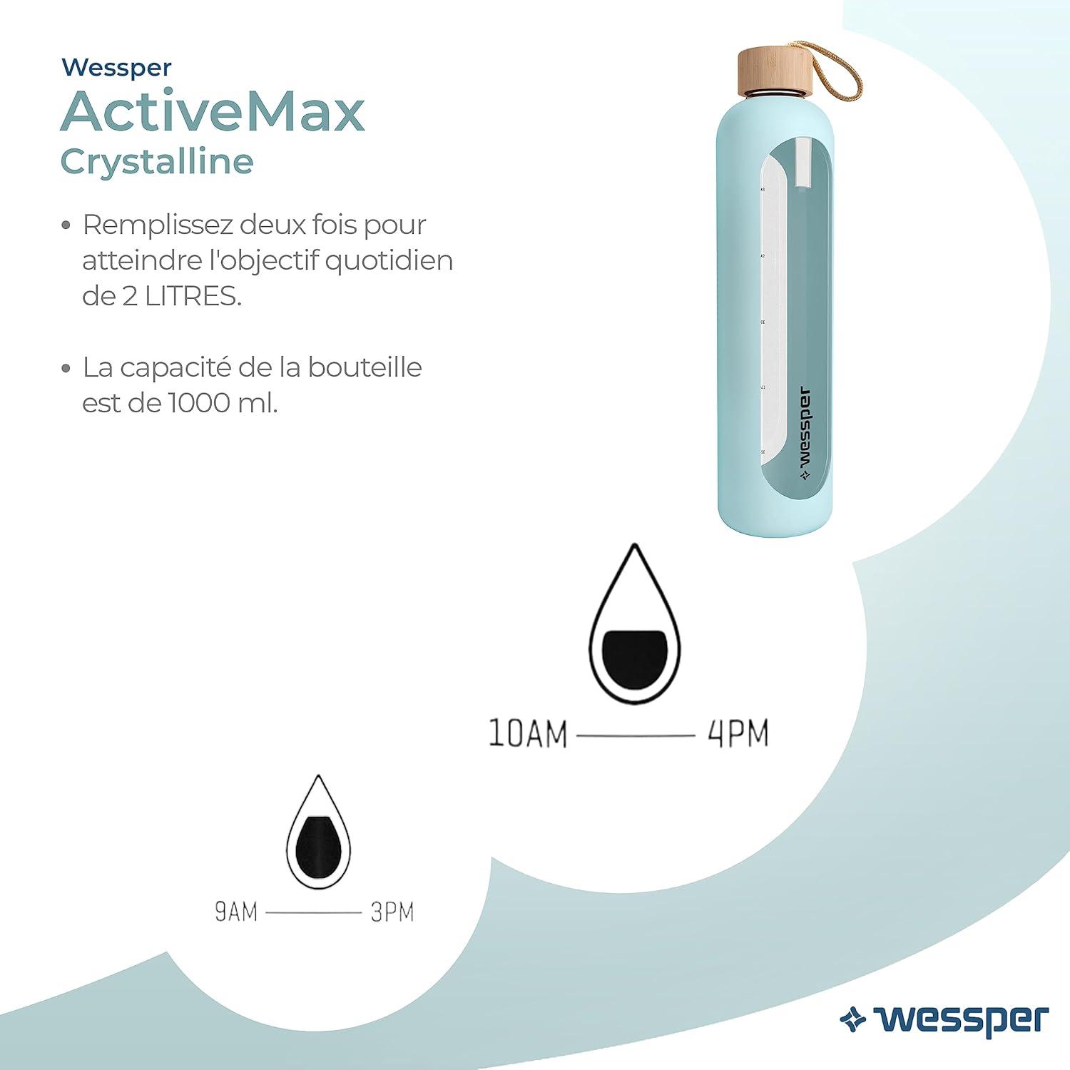 image:imageWessper Bouteille deau 1L de Motivation en verre avec temps horaire Sans BPA Gourde en verre hermtique 1000 ml avec couvercle en bambou rutilisable avec housse en silicone Bleu clair