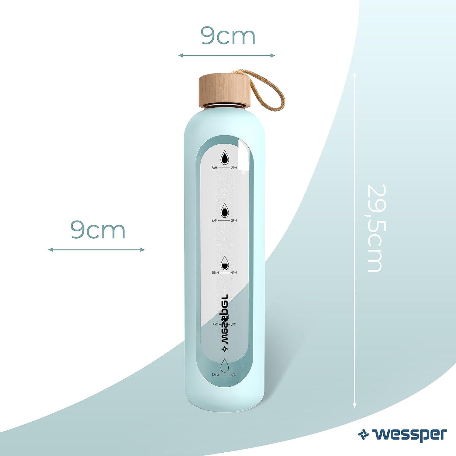 image:imageWessper Bouteille deau 1L de Motivation en verre avec temps horaire Sans BPA Gourde en verre hermtique 1000 ml avec couvercle en bambou rutilisable avec housse en silicone Bleu clair