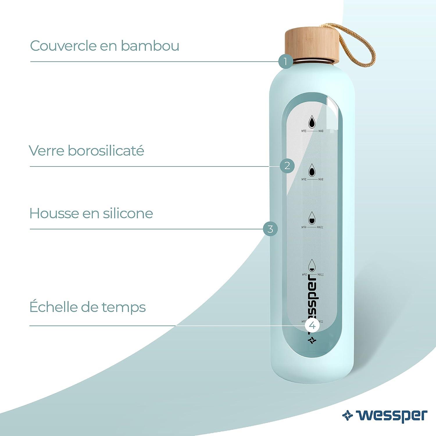 image:imageWessper Bouteille deau 1L de Motivation en verre avec temps horaire Sans BPA Gourde en verre hermtique 1000 ml avec couvercle en bambou rutilisable avec housse en silicone Bleu clair
