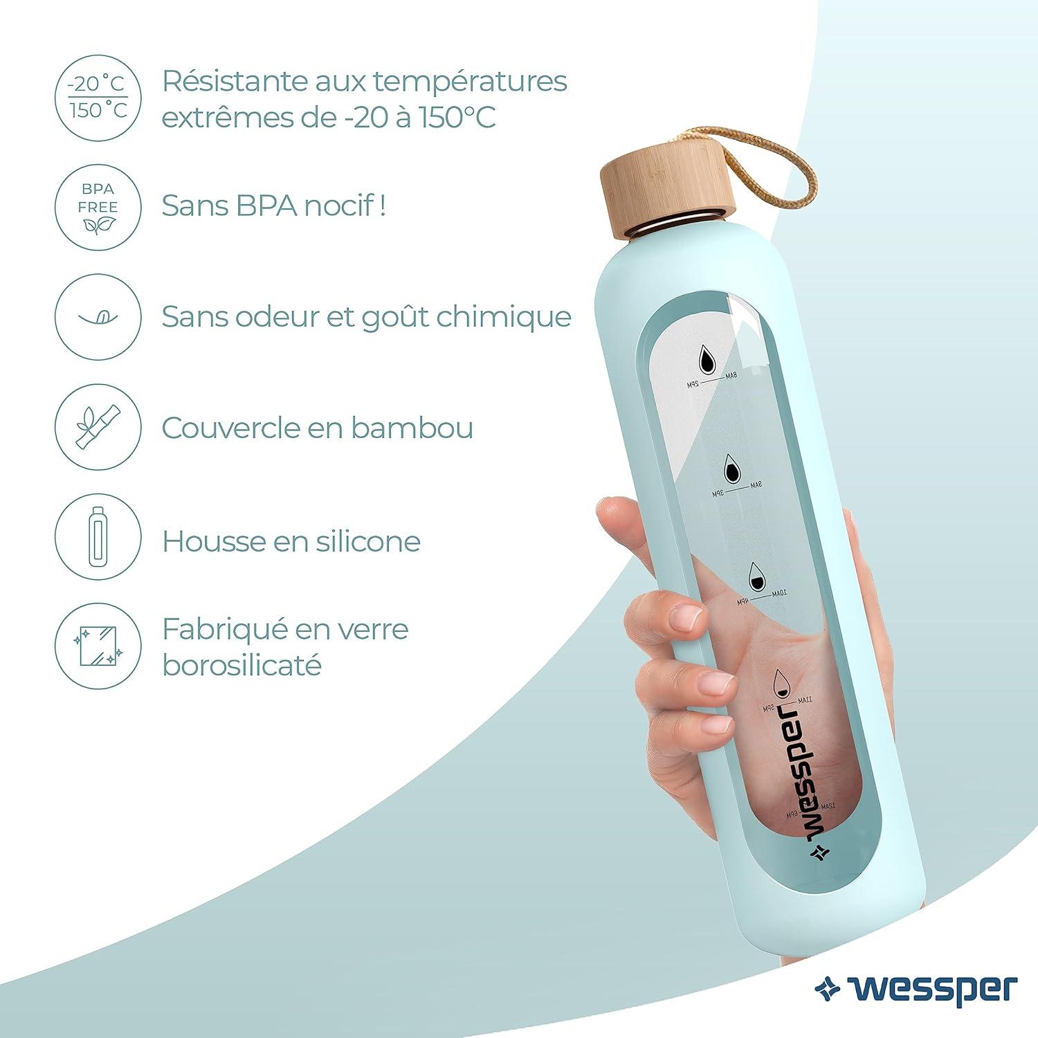 image:imageWessper Bouteille deau 1L de Motivation en verre avec temps horaire Sans BPA Gourde en verre hermtique 1000 ml avec couvercle en bambou rutilisable avec housse en silicone Bleu clair