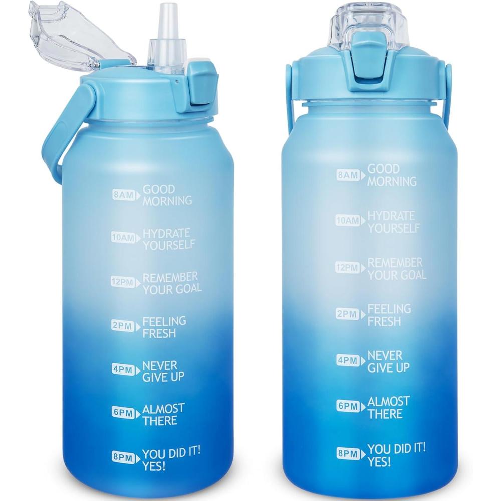 image:image2l Tritan Sport Gourde avec Paille et Marqueur de Temps de Motivation 2 litres grand Bouteille eau pour Basketball Fitness Gym Randonne VoyageBleu Clair Bleu Fonc