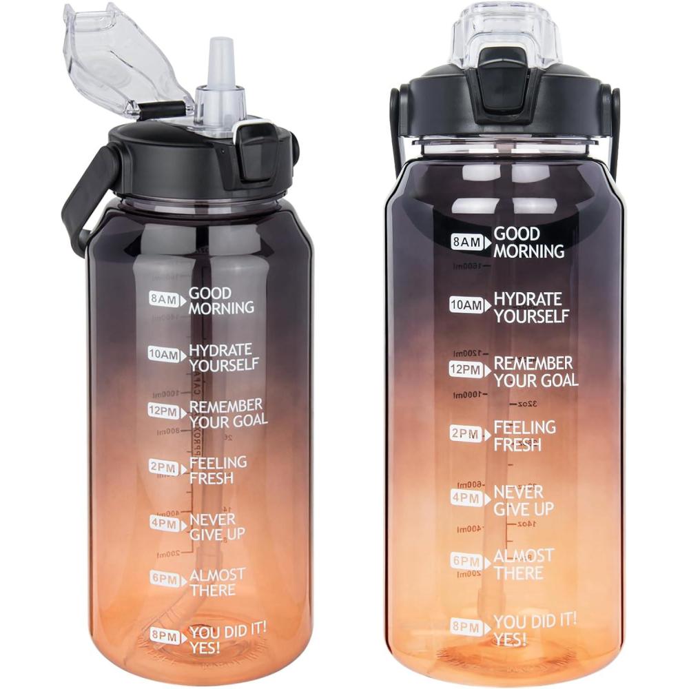 image:image2l Tritan Sport Gourde avec Paille et Marqueur de Temps de Motivation 2 litres grand Bouteille eau pour Basketball Fitness Gym Randonne VoyageTransparent Noir  Orange
