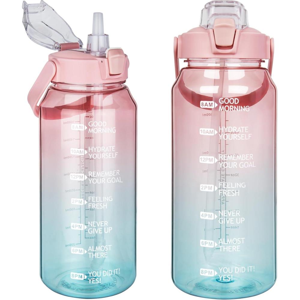 image:image2l Tritan Sport Gourde avec Paille et Marqueur de Temps de Motivation 2 litres grand Bouteille eau pour Basketball Fitness Gym Randonne VoyageTransparent Rose  Cyan