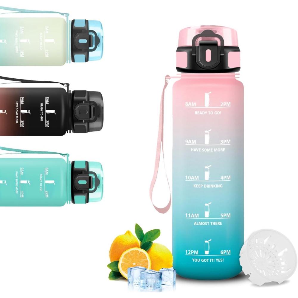 image:imageGourde 1l Gourde Sport Bouteille Gradue pour 1 Journee Avec Slogan de Motivation Bouteille Plastique avec Marqueur de Temps Avec Verrouillage de Scurit pour Running Bureau coleRosecyan