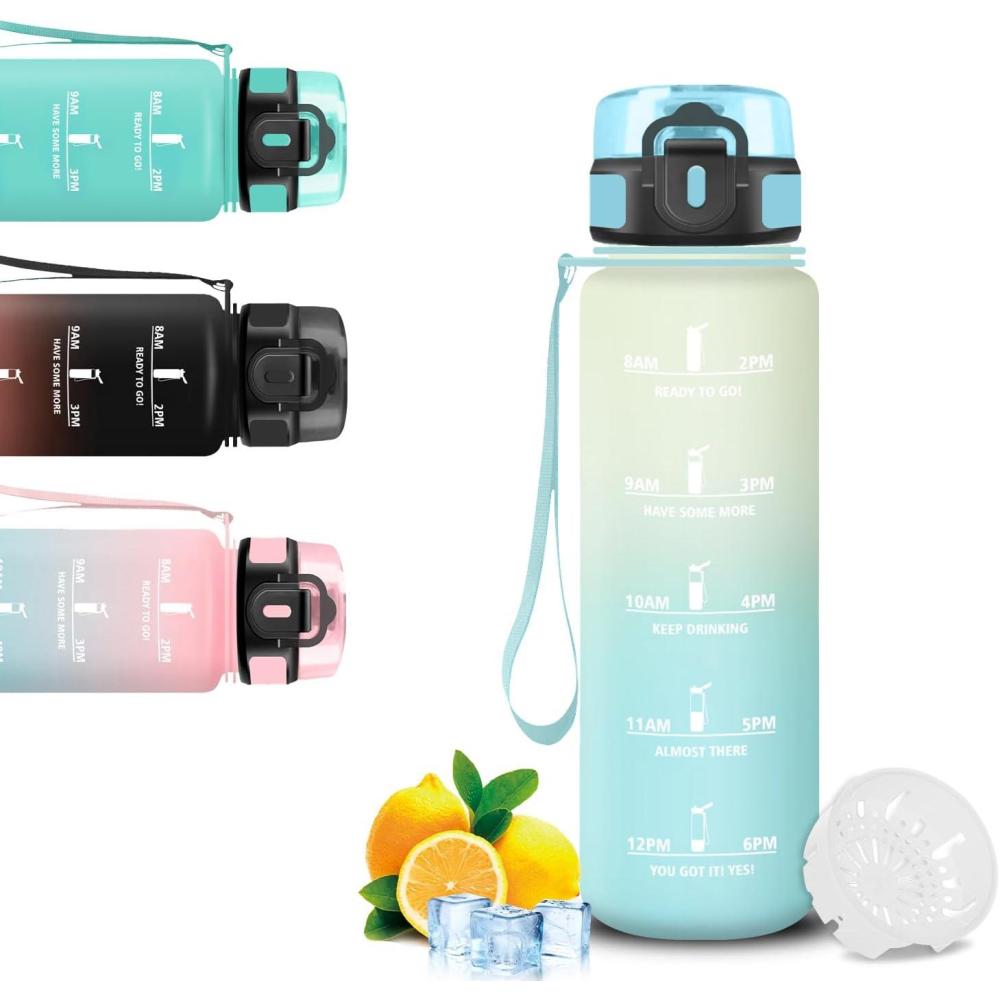 image:imageGourde 1l Gourde Sport Bouteille Gradue pour 1 Journee Avec Slogan de Motivation Bouteille Plastique avec Marqueur de Temps Avec Verrouillage de Scurit pour Running Bureau coleGivreciel