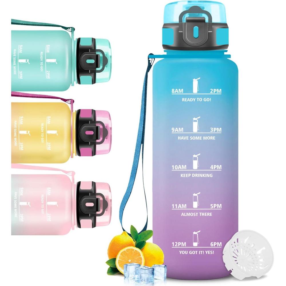image:imageGourde 1l Gourde Sport Bouteille Gradue pour 1 Journee Avec Slogan de Motivation Bouteille Plastique avec Marqueur de Temps Avec Verrouillage de Scurit pour Running Bureau coleBleuviolet