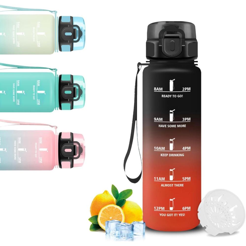 image:imageGourde 1l Gourde Sport Bouteille Gradue pour 1 Journee Avec Slogan de Motivation Bouteille Plastique avec Marqueur de Temps Avec Verrouillage de Scurit pour Running Bureau coleNoirrouge