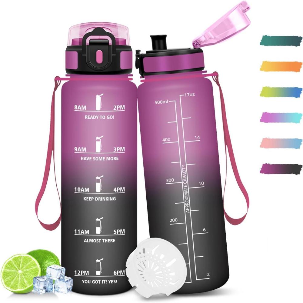 image:imageGourde Sport 500ml tanche amp Rutilisable Gourde Enfant Motivation Antifuite Gourde Temps Bouteille Bouteille deau pour Gym Enfant cole Bureau YogaVioletnoir  500ml