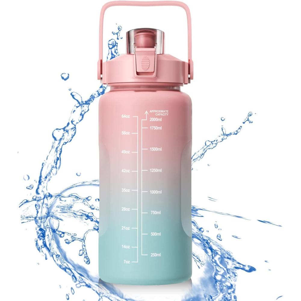 image:imageUootach Bouteille deau Gourde Sport 2 Litre Marqueur de temps inspir gourde avec paille sans BPA tanche lger et rutilisable Convient pour sport fitness plein air randonnerose