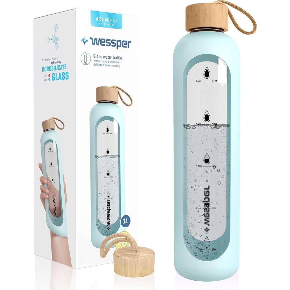 image:imageWessper Bouteille deau 1L de Motivation en verre avec temps horaire Sans BPA Gourde en verre hermtique 1000 ml avec couvercle en bambou rutilisable avec housse en silicone Bleu clair