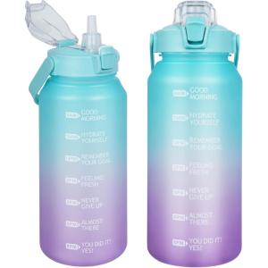 2l Tritan Sport Gourde avec Paille et Marqueur de Temps de Motivation 2 litres grand Bouteille eau pour Basketball, Fitness, Gym, Randonnée, Voyage(Cyan / Violet)