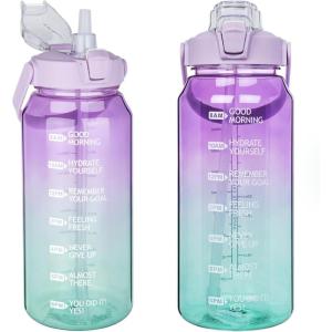 2l Tritan Sport Gourde avec Paille et Marqueur de Temps de Motivation 2 litres grand Bouteille eau pour Basketball, Fitness, Gym, Randonnée, Voyage(Transparent Violet / Vert)