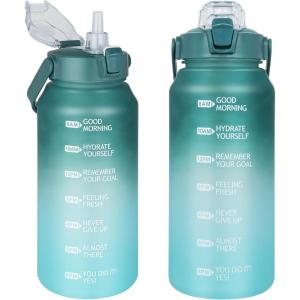 2l Tritan Sport Gourde avec Paille et Marqueur de Temps de Motivation 2 litres grand Bouteille eau pour Basketball, Fitness, Gym, Randonnée, Voyage(Vert / Bleu Clair)
