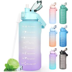 Bouteille d&rsquo;eau de motivation 2 L sans BPA avec marquage de temps et couvercle de verrouillage, bouteille d&rsquo;eau anti-fuite Avec Paille et Poignée Portable, Couleur Bleu(Verte)