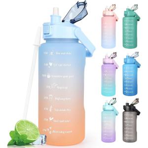 Bouteille d&rsquo;eau de motivation 2 L sans BPA avec marquage de temps et couvercle de verrouillage, bouteille d&rsquo;eau anti-fuite Avec Paille et Poignée Portable, Couleur Bleu(Bleu – 2 L)