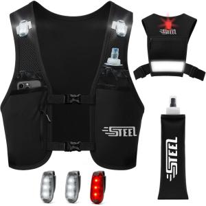Gilet Running d&rsquo;hydratation Réfléchissant LED Recheargeable, Porte-Bouteille d&rsquo;eau, Ajustable, Gilet léger, Gourde d&rsquo;hydratation de 500 ML pour randonnée, Trail, Running(NOIR (1 Gourde))