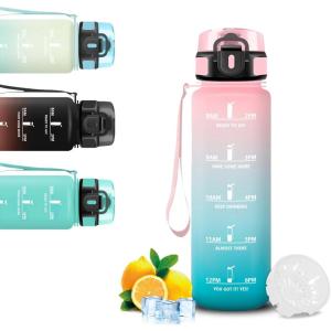 Gourde 1l, Gourde Sport, Bouteille Graduée pour 1 Journee, Avec Slogan de Motivation, Bouteille Plastique avec Marqueur de Temps, Avec Verrouillage de Sécurité, pour Running, Bureau, École(Rose-cyan)