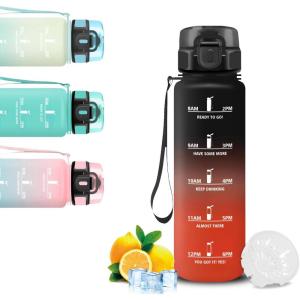 Gourde 1l, Gourde Sport, Bouteille Graduée pour 1 Journee, Avec Slogan de Motivation, Bouteille Plastique avec Marqueur de Temps, Avec Verrouillage de Sécurité, pour Running, Bureau, École(Noir-rouge)