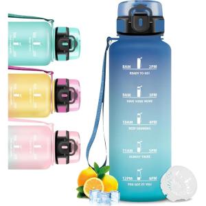 Gourde 1l, Gourde Sport, Bouteille Graduée pour 1 Journee, Avec Slogan de Motivation, Bouteille Plastique avec Marqueur de Temps, Avec Verrouillage de Sécurité, pour Running, Bureau, École(Bleu-vert)