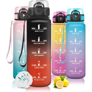 Gourde 1l, Gourde Sport, Bouteille Graduée pour 1 Journee, Avec Slogan de Motivation, Bouteille Plastique avec Marqueur de Temps, Avec Verrouillage de Sécurité, pour Running, Bureau, École(Black-red)