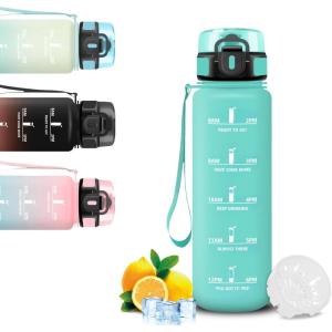 Gourde 1l, Gourde Sport, Bouteille Graduée pour 1 Journee, Avec Slogan de Motivation, Bouteille Plastique avec Marqueur de Temps, Avec Verrouillage de Sécurité, pour Running, Bureau, École(M-bleu-vert)