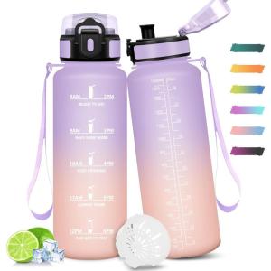 Gourde Sport, 500ml Étanche & Réutilisable, Gourde Enfant Motivation, Anti-fuite Gourde, Temps Bouteille, Bouteille d&rsquo;eau, pour Gym, Enfant, École, Bureau, Yoga(Iris Rose – 1500ml)