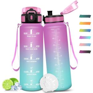 Gourde Sport, 500ml Étanche & Réutilisable, Gourde Enfant Motivation, Anti-fuite Gourde, Temps Bouteille, Bouteille d&rsquo;eau, pour Gym, Enfant, École, Bureau, Yoga(Rose-cyan – 1000ml)