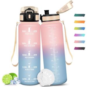 Gourde Sport, 500ml Étanche & Réutilisable, Gourde Enfant Motivation, Anti-fuite Gourde, Temps Bouteille, Bouteille d&rsquo;eau, pour Gym, Enfant, École, Bureau, Yoga(Rose-bleu Ciel – 1000ml)