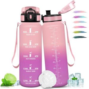 Gourde Sport, 500ml Étanche & Réutilisable, Gourde Enfant Motivation, Anti-fuite Gourde, Temps Bouteille, Bouteille d&rsquo;eau, pour Gym, Enfant, École, Bureau, Yoga(Rose-rose – 1000ml)