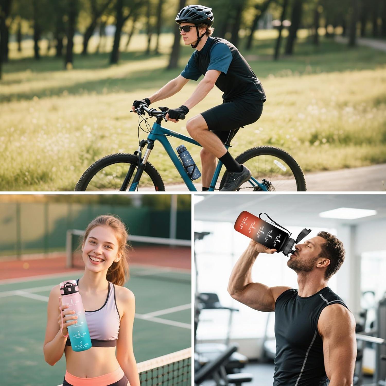 image:imageGourde 1500ML Sans BPA Gourde sport Avec Horodatage Bouteille Conception de Verrouillage AntiFuite Bouteille Plastique pour bureau En cours dexcution Escalader Des Montagnes Noiramprouge