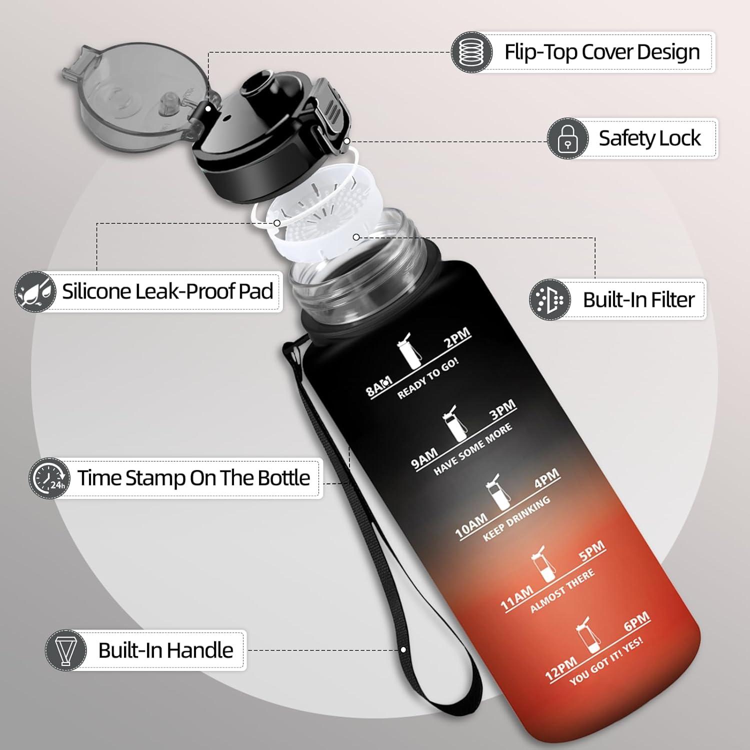 image:imageGourde 1500ML Sans BPA Gourde sport Avec Horodatage Bouteille Conception de Verrouillage AntiFuite Bouteille Plastique pour bureau En cours dexcution Escalader Des Montagnes Noiramprouge