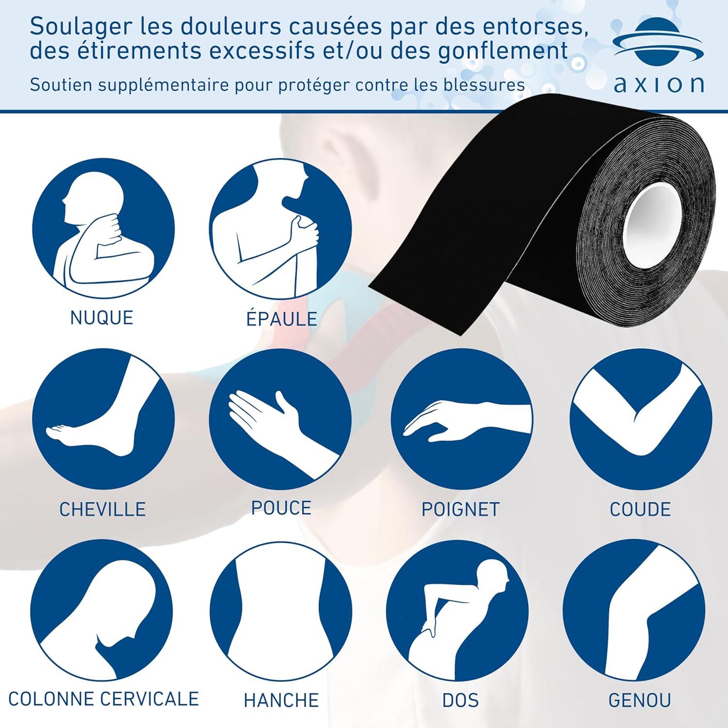 image:imageSet de 2 bandes de kinsiologie pour strap couleur bleu axion Ruban adhsif rsistant leau Optimal pour le sport 2 rouleaux de 5 mNoir