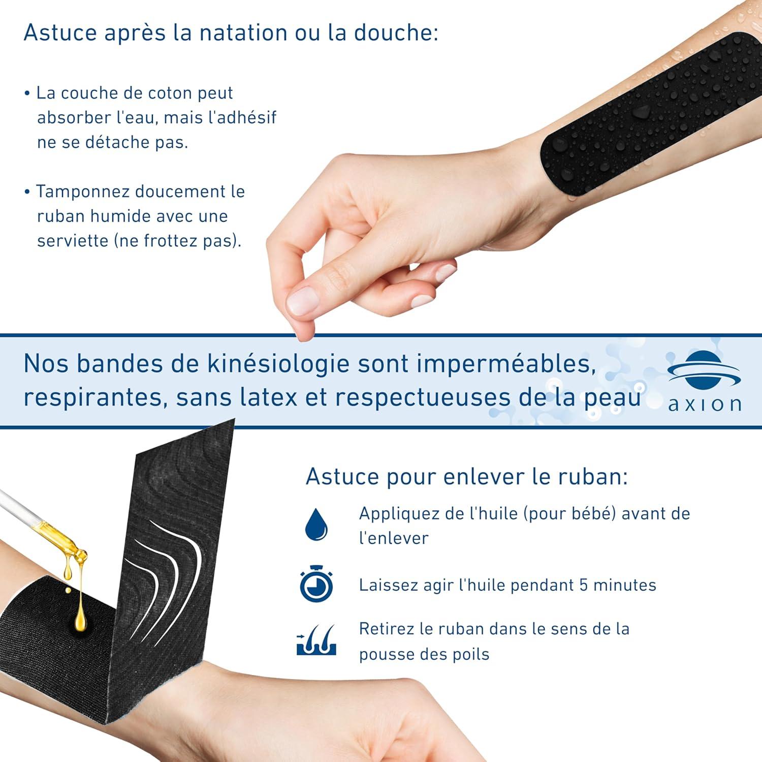 image:imageSet de 2 bandes de kinsiologie pour strap couleur bleu axion Ruban adhsif rsistant leau Optimal pour le sport 2 rouleaux de 5 mNoir