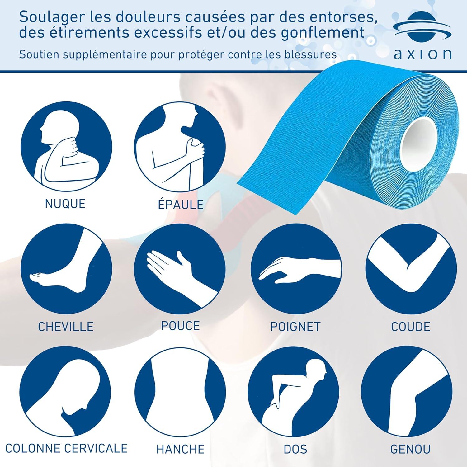 image:imageSet de 2 bandes de kinsiologie pour strap couleur bleu axion Ruban adhsif rsistant leau Optimal pour le sport 2 rouleaux de 5 mRouge Bleu