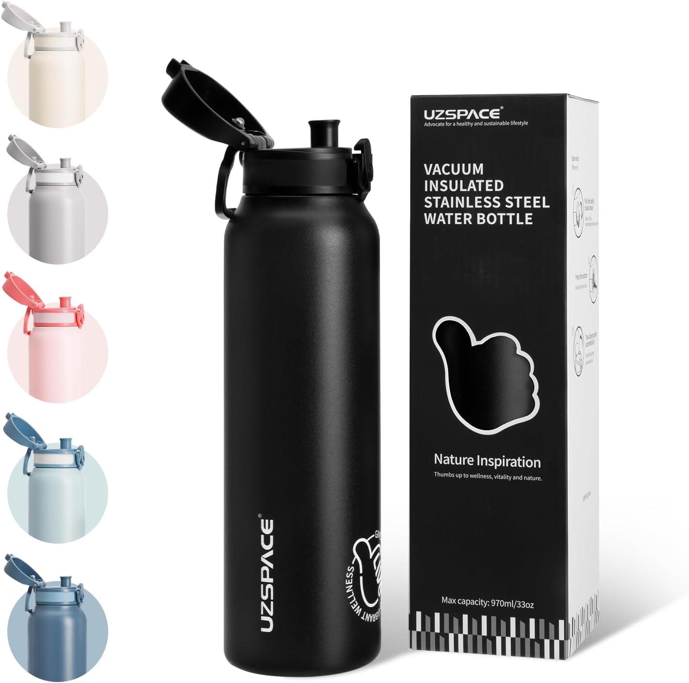 image:imageUZSPACE Gourde Isotherme 1L 970ml en Acier Inoxydable Bouteille Isotherme Double Paroi Motif Artistique Gourde Sport Adulte Idale pour Plein Air Gris SilexNoir Nuit