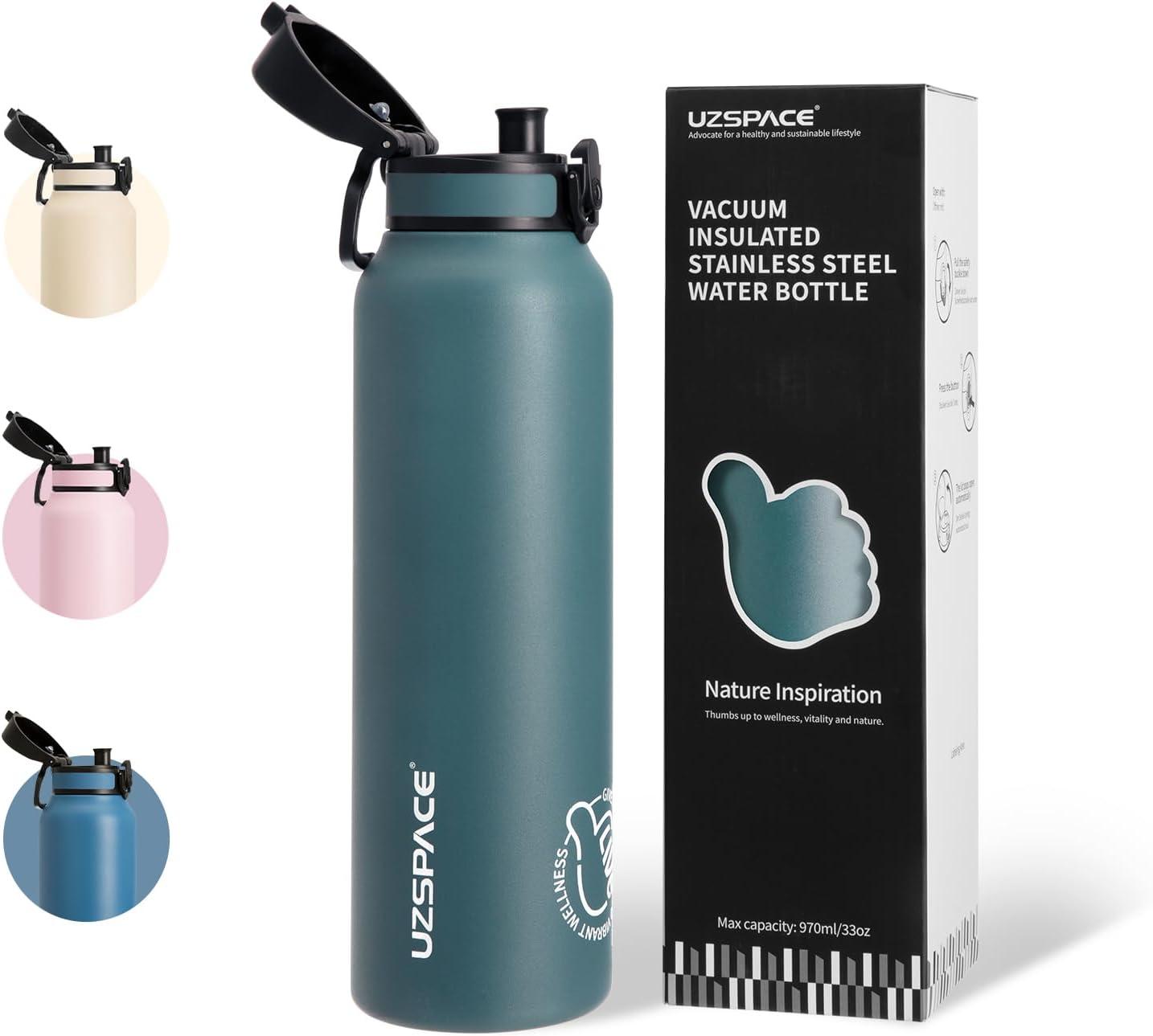 image:imageUZSPACE Gourde Isotherme 1L 970ml en Acier Inoxydable Bouteille Isotherme Double Paroi Motif Artistique Gourde Sport Adulte Idale pour Plein Air Gris SilexVert Fort