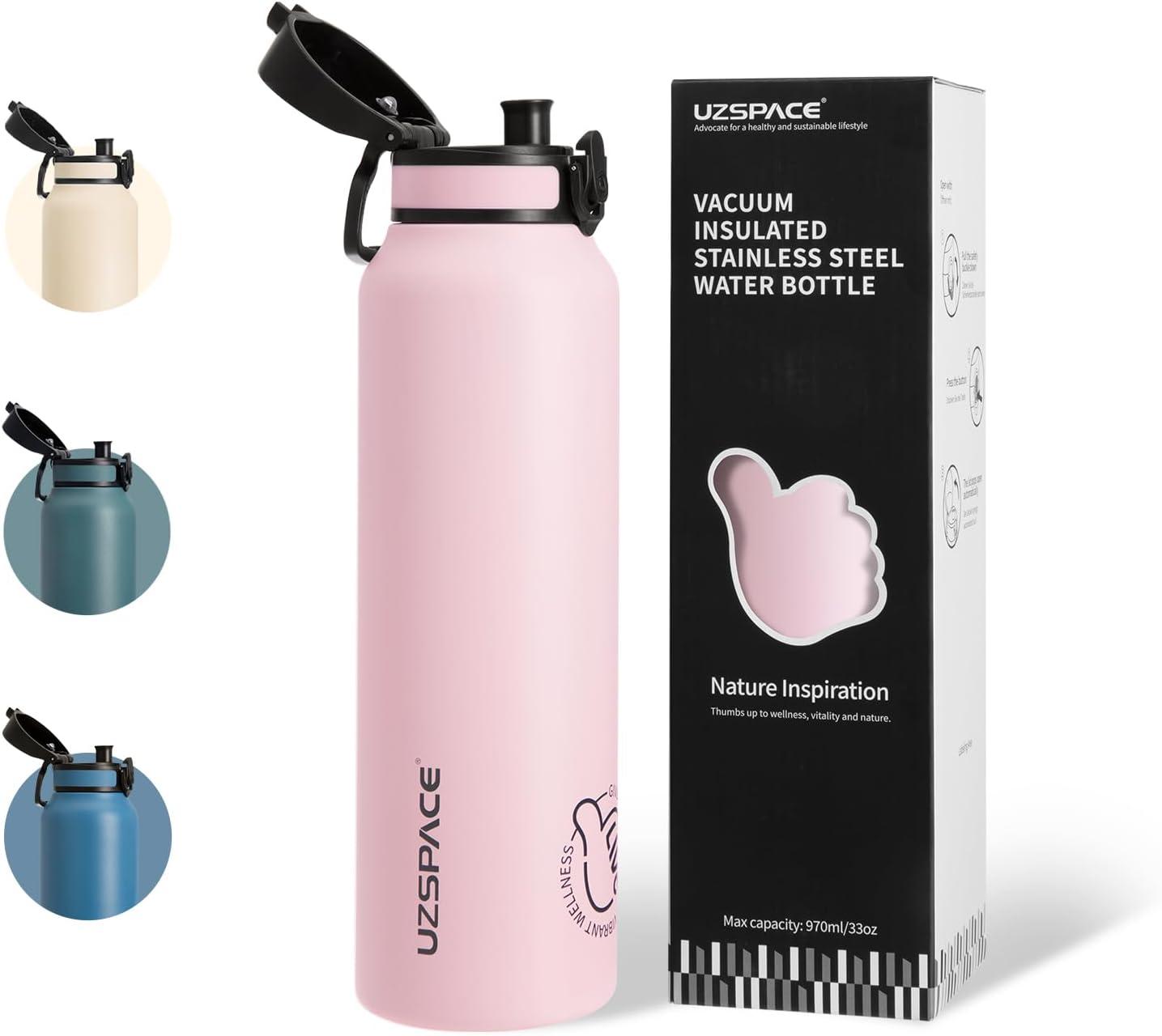 image:imageUZSPACE Gourde Isotherme 1L 970ml en Acier Inoxydable Bouteille Isotherme Double Paroi Motif Artistique Gourde Sport Adulte Idale pour Plein Air Gris SilexRose Fleuri