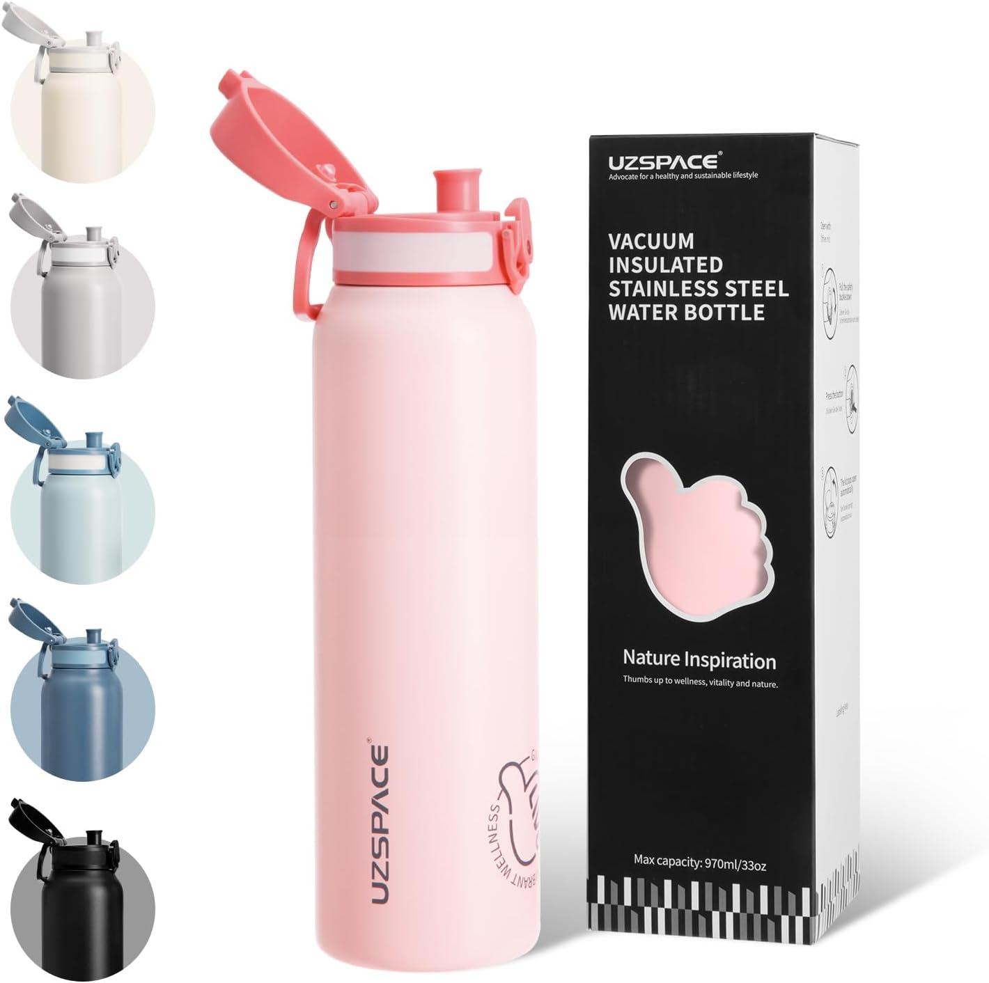image:imageUZSPACE Gourde Isotherme 1L 970ml en Acier Inoxydable Bouteille Isotherme Double Paroi Motif Artistique Gourde Sport Adulte Idale pour Plein Air Gris SilexQuartz Rose