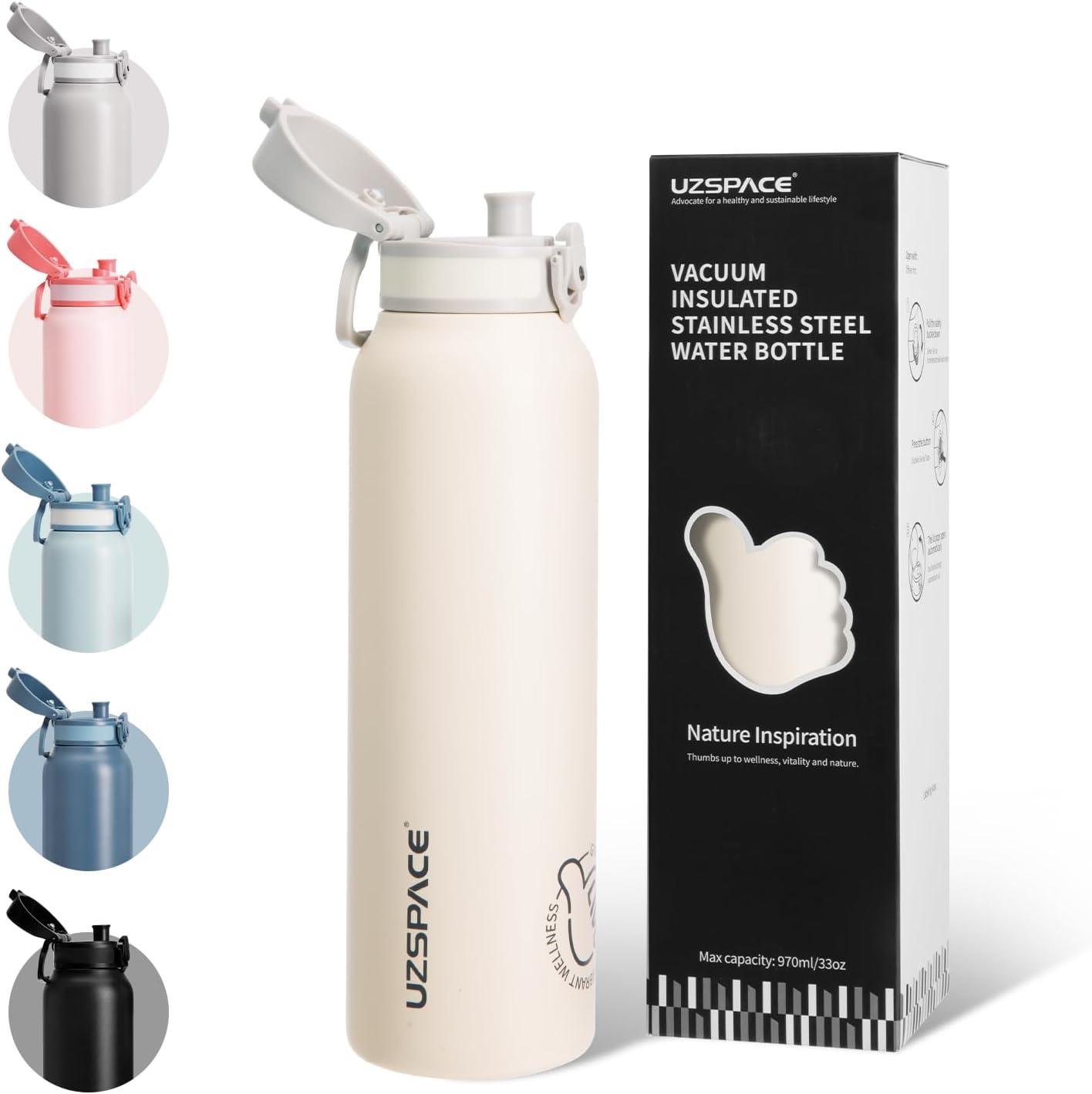 image:imageUZSPACE Gourde Isotherme 1L 970ml en Acier Inoxydable Bouteille Isotherme Double Paroi Motif Artistique Gourde Sport Adulte Idale pour Plein Air Gris SilexBlanc Givr