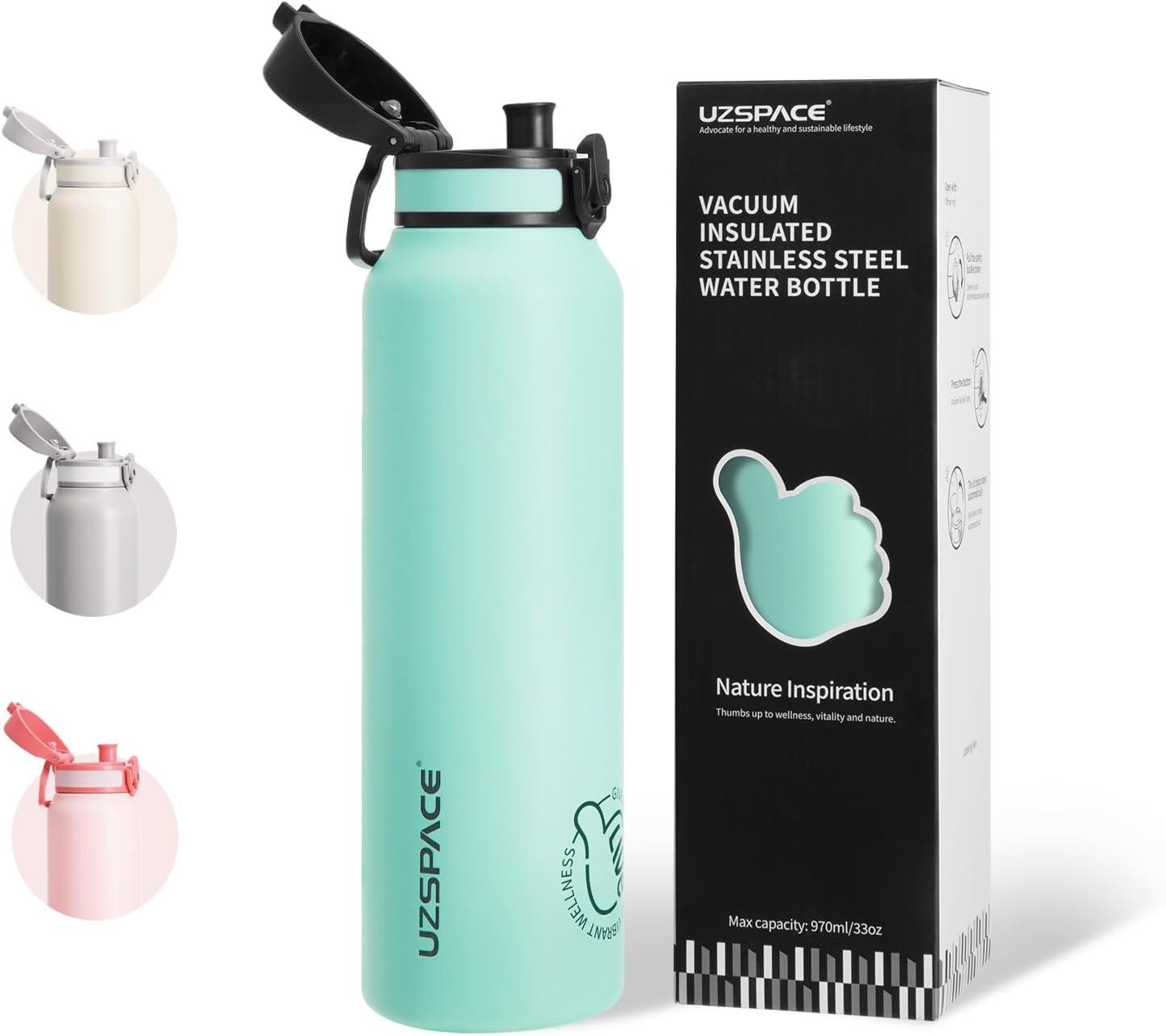 image:imageUZSPACE Gourde Isotherme 1L 970ml en Acier Inoxydable Bouteille Isotherme Double Paroi Motif Artistique Gourde Sport Adulte Idale pour Plein Air Gris SilexVert Menthe