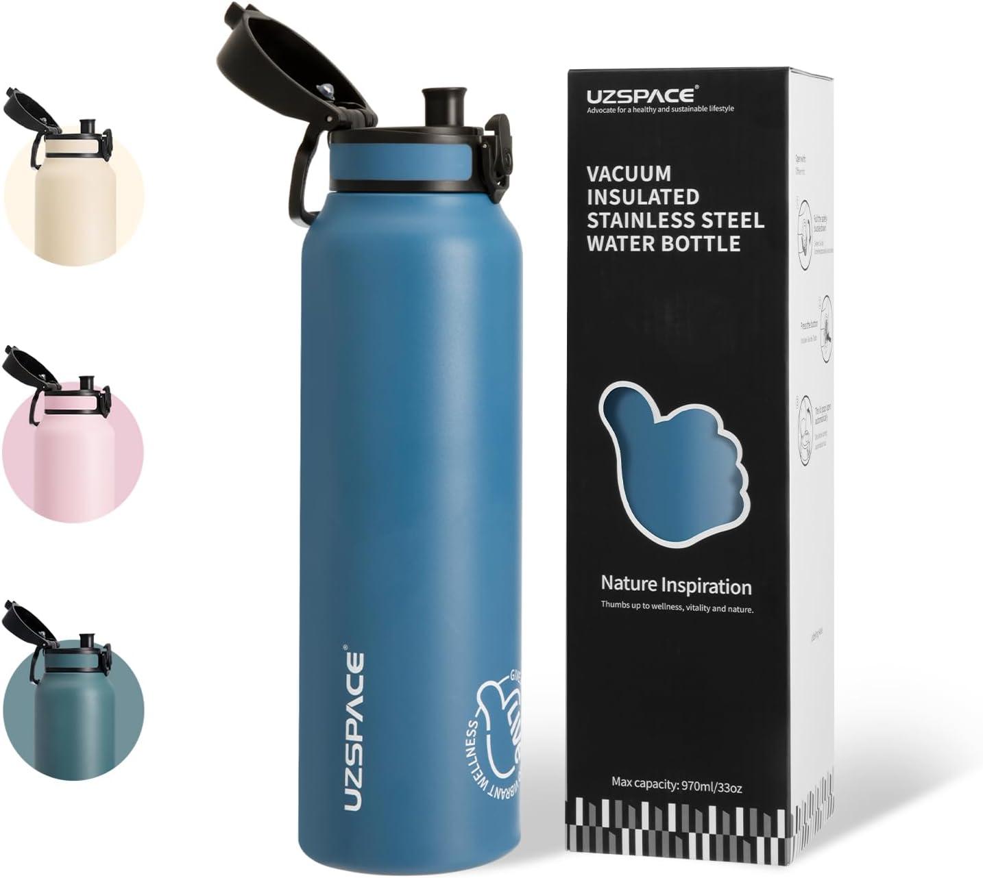 image:imageUZSPACE Gourde Isotherme 1L 970ml en Acier Inoxydable Bouteille Isotherme Double Paroi Motif Artistique Gourde Sport Adulte Idale pour Plein Air Gris SilexBleu Ocan