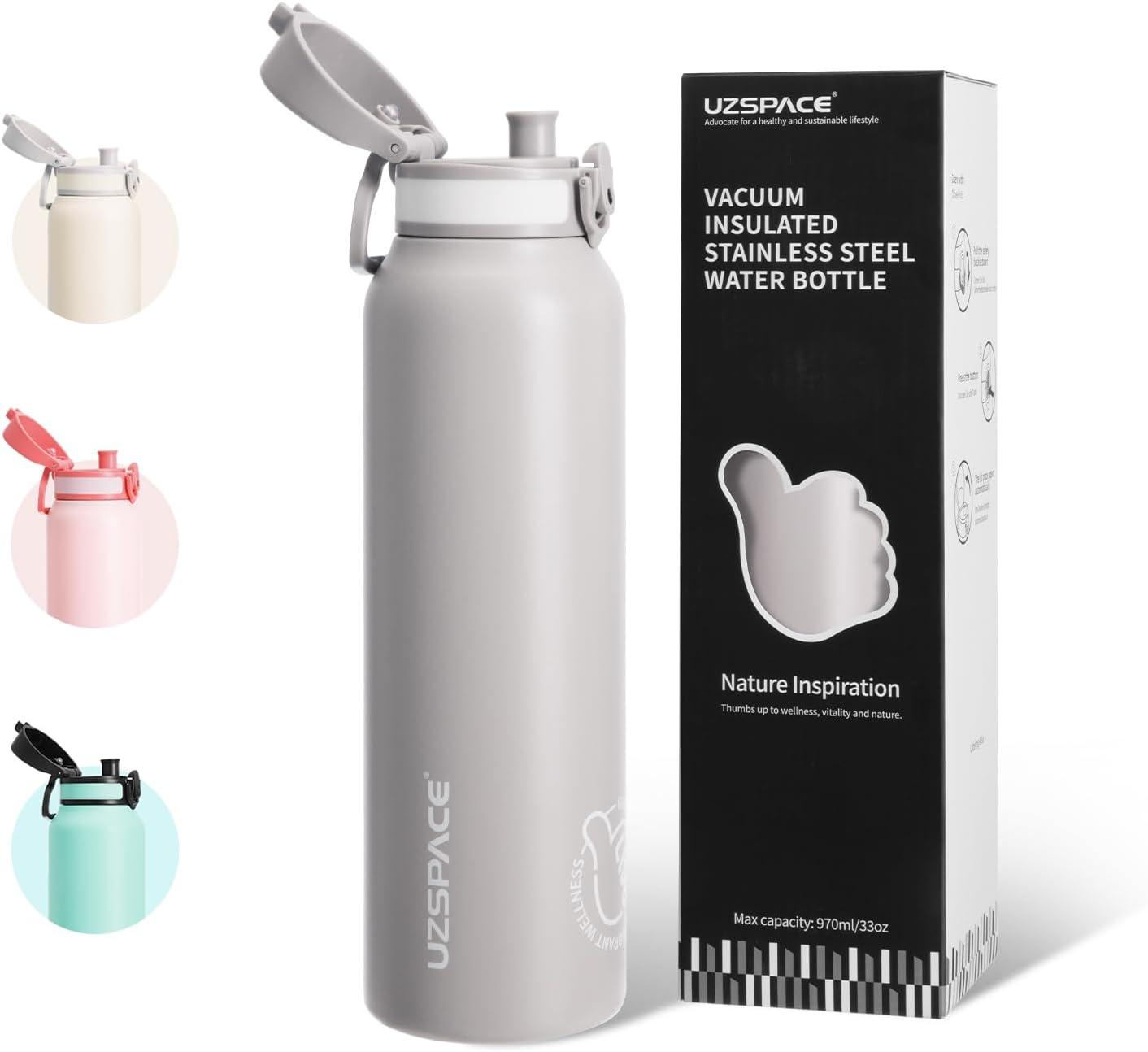 image:imageUZSPACE Gourde Isotherme 1L 970ml en Acier Inoxydable Bouteille Isotherme Double Paroi Motif Artistique Gourde Sport Adulte Idale pour Plein Air Gris SilexGris Silex
