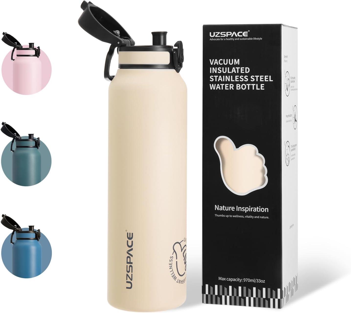 image:imageUZSPACE Gourde Isotherme 1L 970ml en Acier Inoxydable Bouteille Isotherme Double Paroi Motif Artistique Gourde Sport Adulte Idale pour Plein Air Gris SilexBlanc Crme