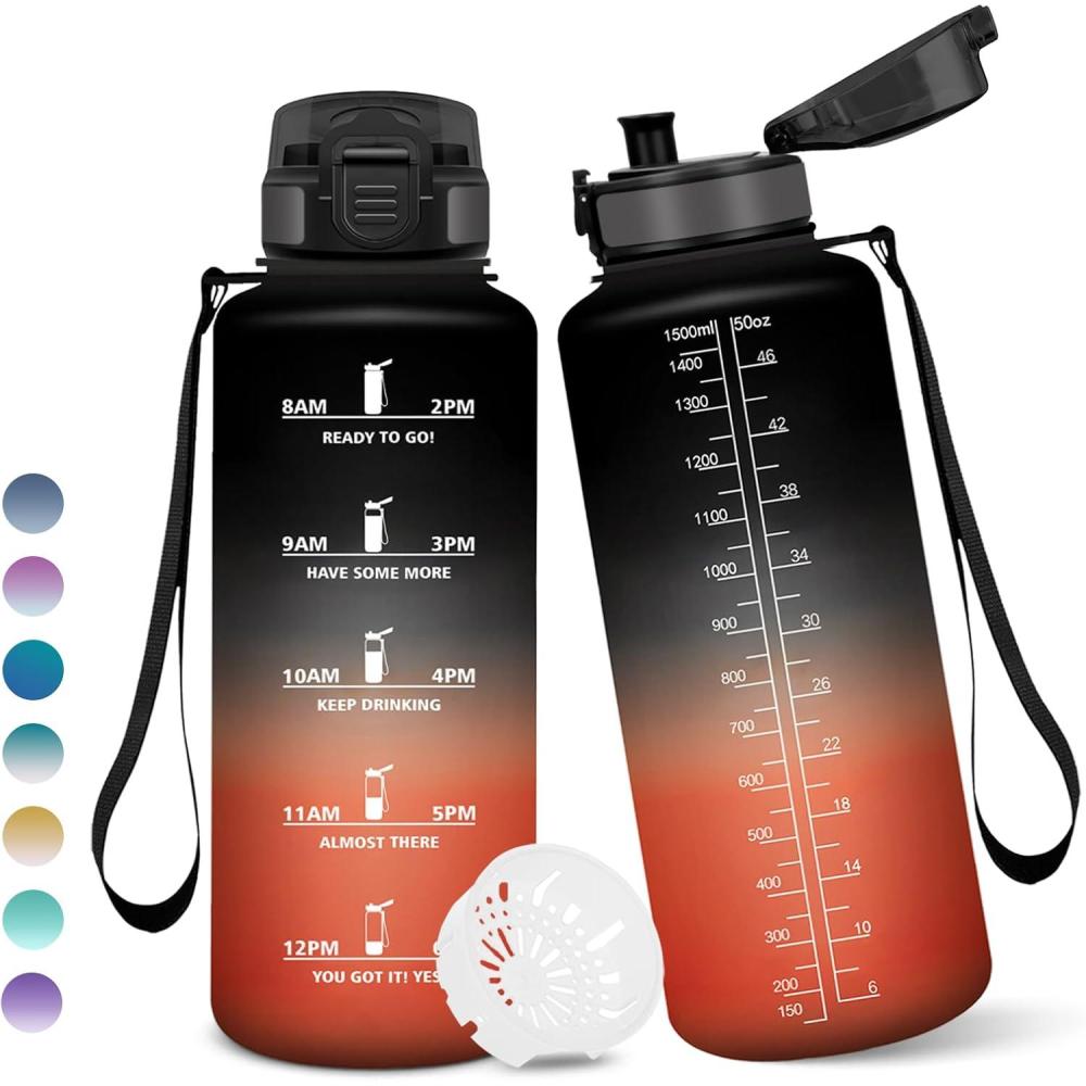 image:imageGourde 1500ML Sans BPA Gourde sport Avec Horodatage Bouteille Conception de Verrouillage AntiFuite Bouteille Plastique pour bureau En cours dexcution Escalader Des Montagnes Noiramprouge