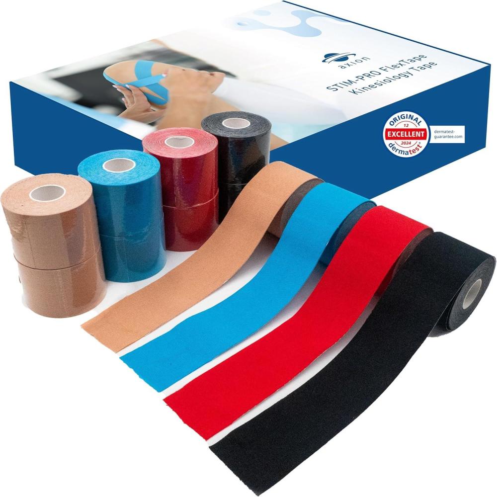 image:imageSet de 2 bandes de kinsiologie pour strap couleur bleu axion Ruban adhsif rsistant leau Optimal pour le sport 2 rouleaux de 5 m12 Pices Multicolore