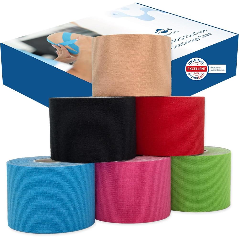 image:imageSet de 2 bandes de kinsiologie pour strap couleur bleu axion Ruban adhsif rsistant leau Optimal pour le sport 2 rouleaux de 5 m6 Pices Multicolore