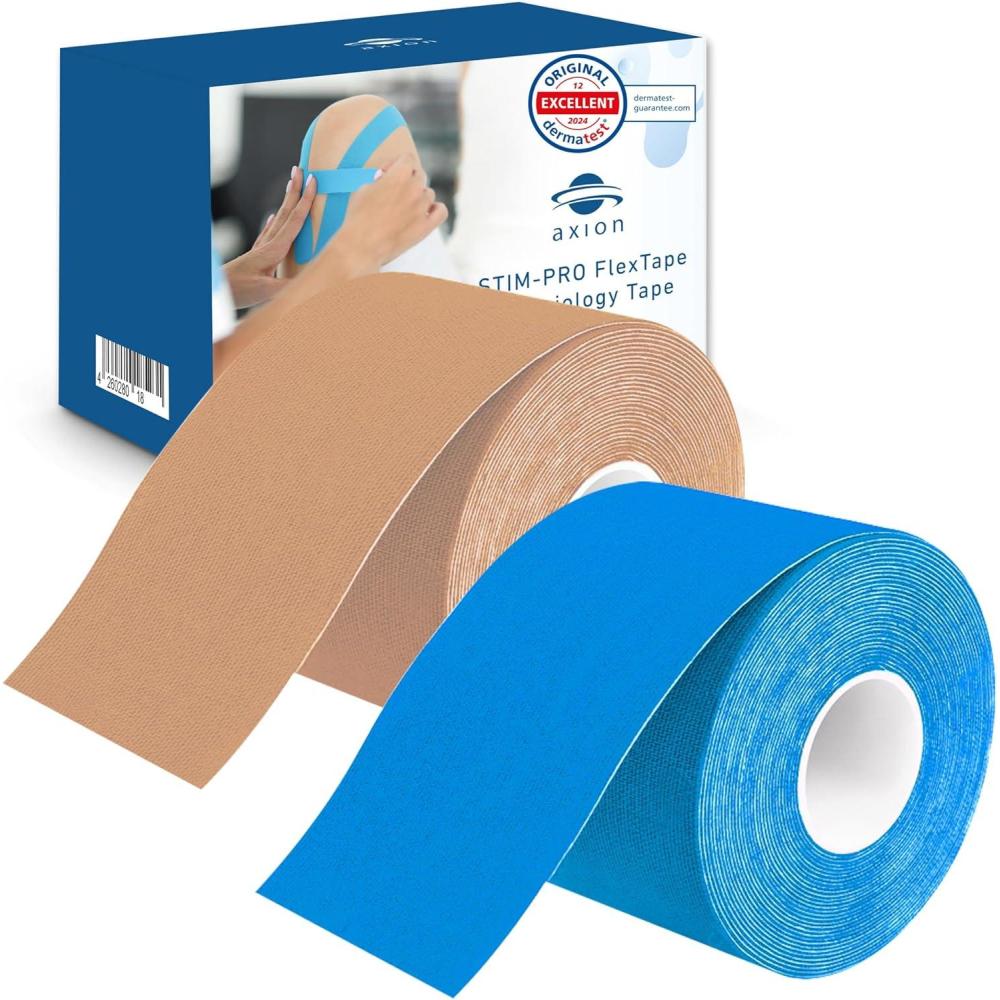 image:imageSet de 2 bandes de kinsiologie pour strap couleur bleu axion Ruban adhsif rsistant  leau  Optimal pour le sport  2 rouleaux de 5 mBleu Beige