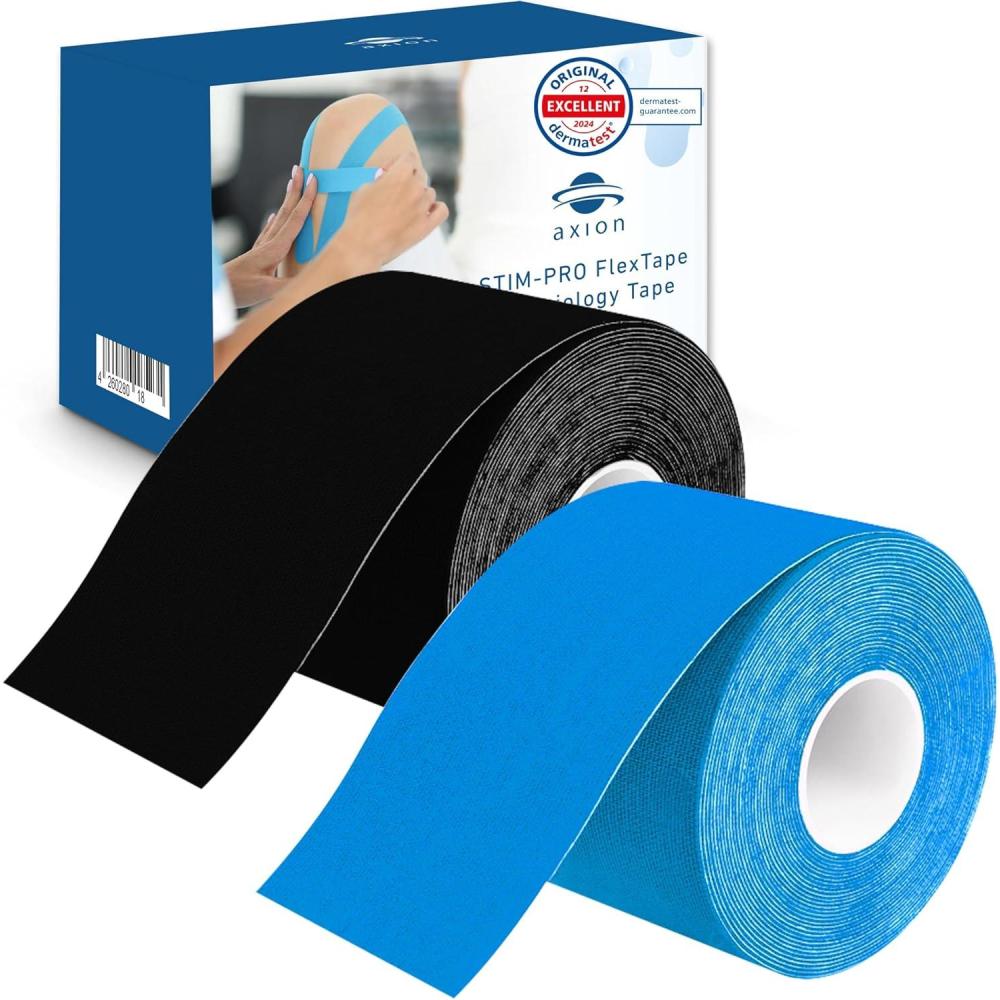 image:imageSet de 2 bandes de kinsiologie pour strap couleur bleu axion Ruban adhsif rsistant leau Optimal pour le sport 2 rouleaux de 5 mBleu Noir