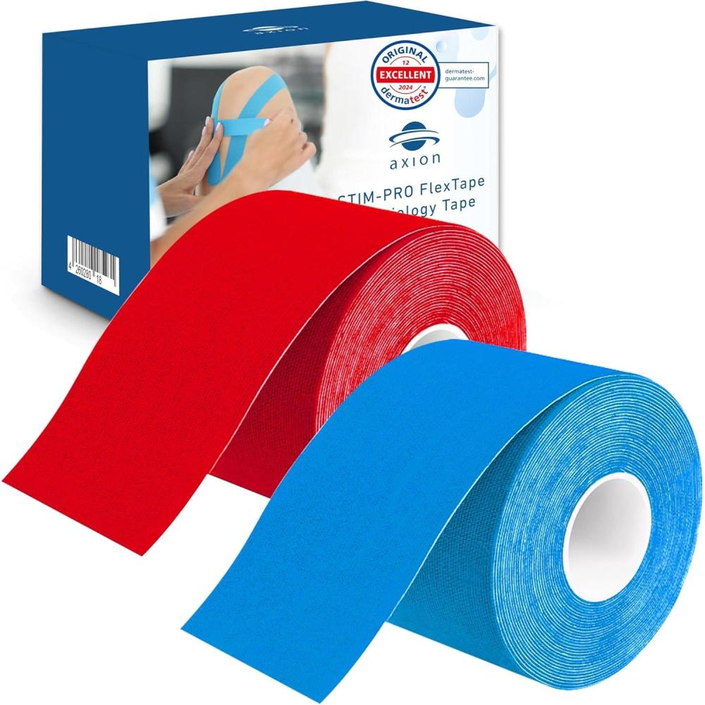 image:imageSet de 2 bandes de kinsiologie pour strap couleur bleu axion Ruban adhsif rsistant leau Optimal pour le sport 2 rouleaux de 5 mRouge Bleu